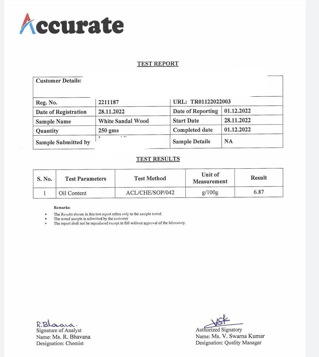 White Sandalwood Test Certificate